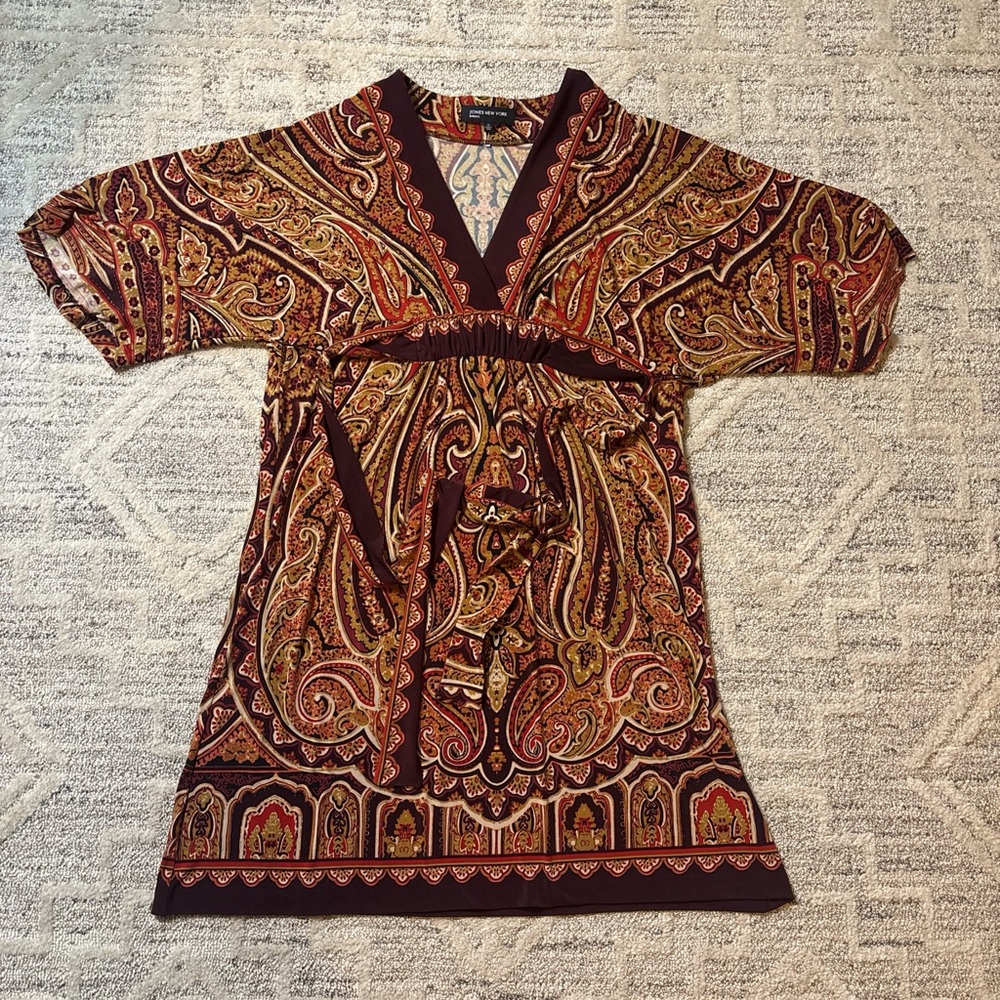 Jones New York Burgundy Paisley V-Neck Empire Tunic Dress Size 12